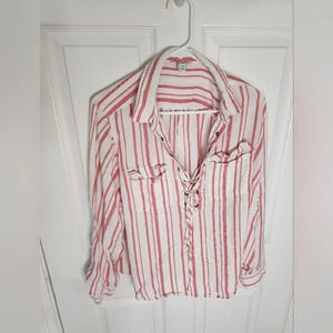 Cato Womens Lightweight Collared Tie Up Striped Casual Top